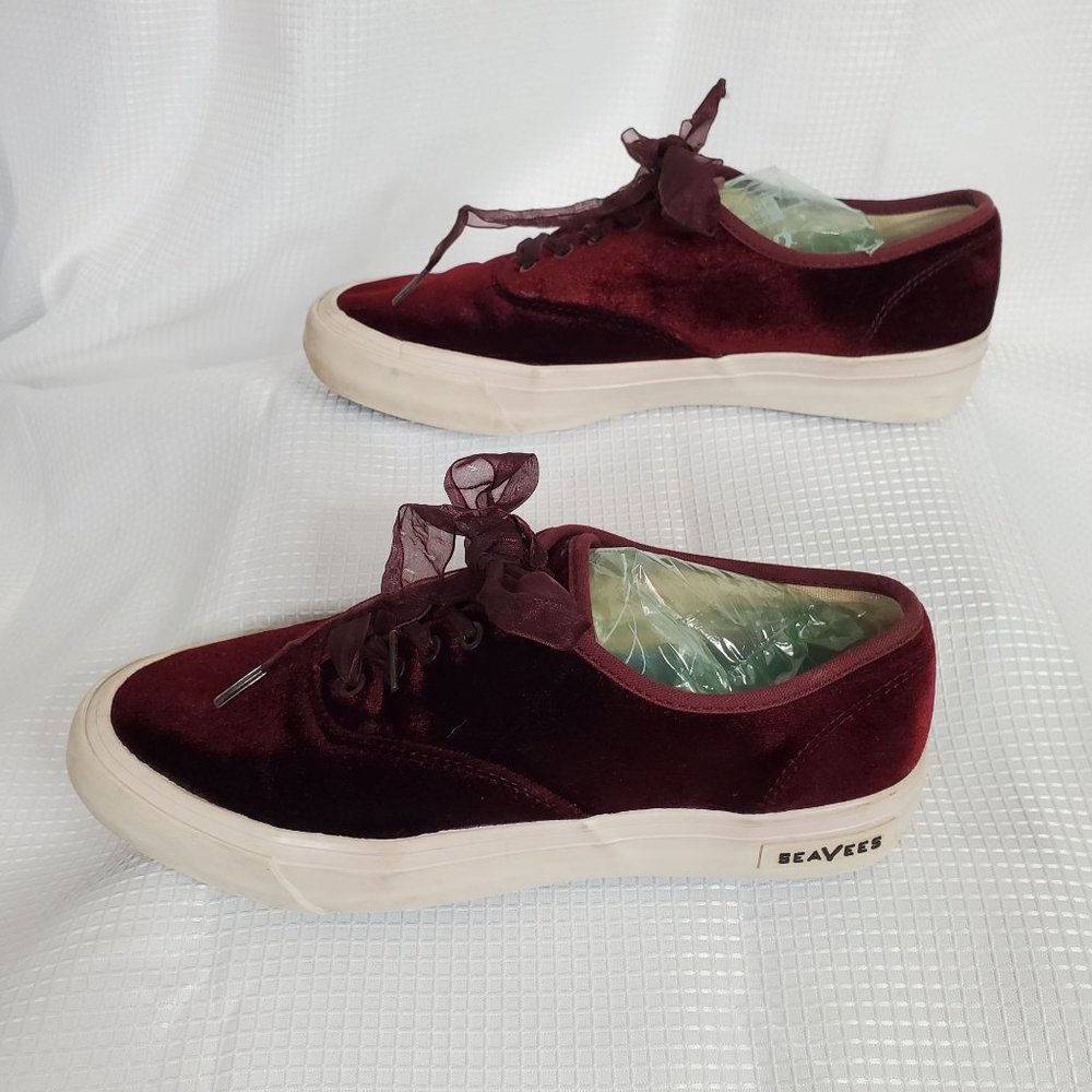 J.Crew SeaVees Womens Sz 8.5 Sneakers Legend Burgundy Velvet Sheer Ribbon Laces - Picture 4 of 9